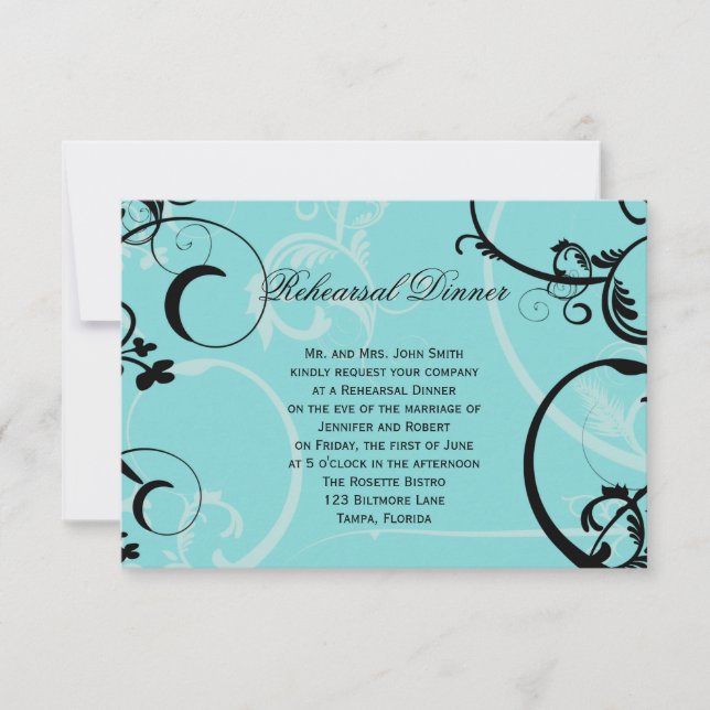 Invitación Cena de ensayo de Boda turquesa de nata negra (Anverso)