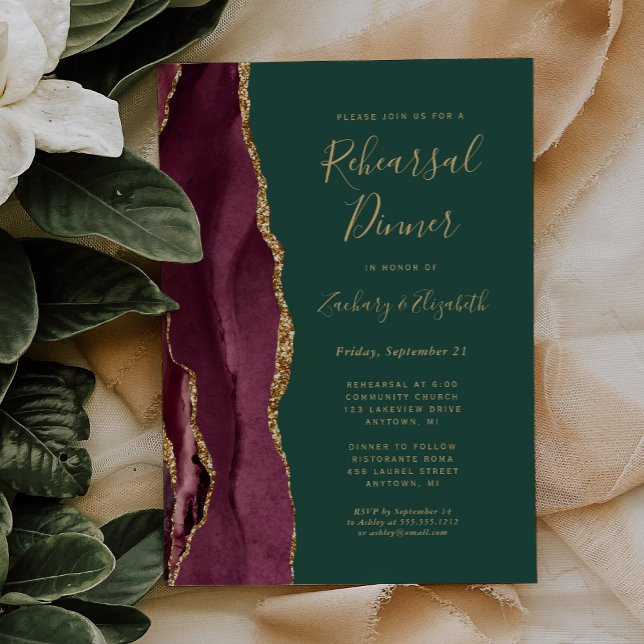Invitación Cena de ensayo de boda verde ágata de Borgoña (Subido por el creador)