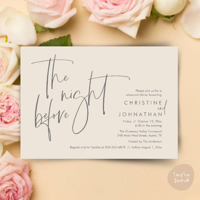 Invitación Cena de ensayo de Bodas casuales, la noche anterio (The night before, Casual Modern Wedding Rehearsal Dinner Invitation Card PDF Cream Grey)