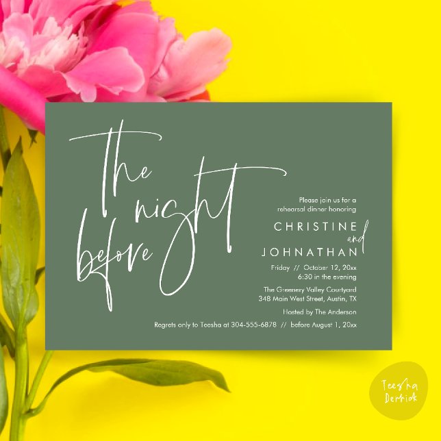 Invitación Cena de ensayo de Bodas casuales, la noche anterio (The night before, Casual Modern Wedding Rehearsal Dinner Invitation Card PDF Sage Green)