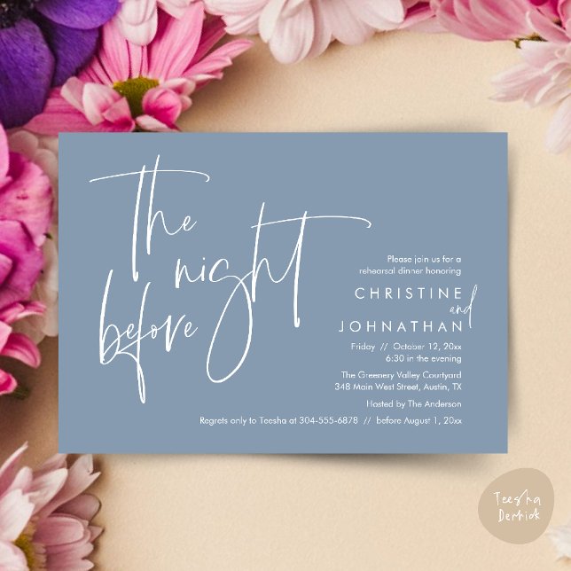 Invitación Cena de ensayo de Bodas casuales, la noche anterio (The night before, Casual Modern Wedding Rehearsal Dinner Invitation Card PDF Dusty Blue)