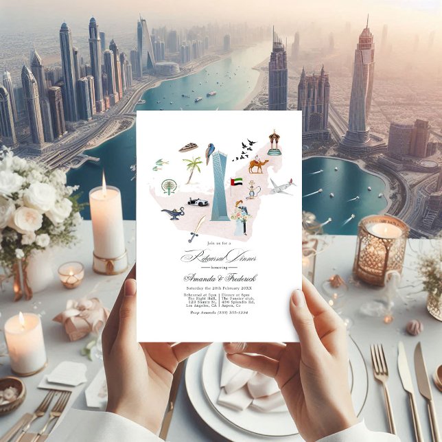 Invitación Cena de ensayo de bodas de destino de Emiratos Ára (Dubai UAE Destination Wedding Rehearsal Dinner Invitation)