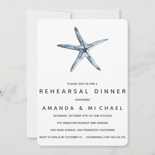 Invitación Cena de ensayo de Bodas de estepas azules (Anverso)