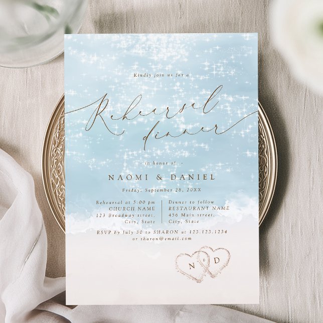 Invitación Cena de Ensayo de Bodas en la Playa con Corazones  (Modern Script Sand Hearts Beach Rehearsal Dinner Invitation)