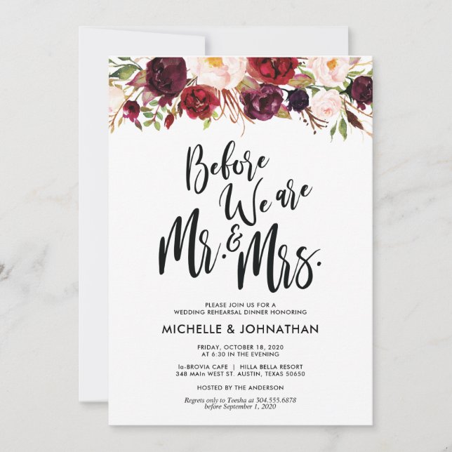 Invitación Cena de ensayo de Bodas florales de Borgoña invita (Anverso)