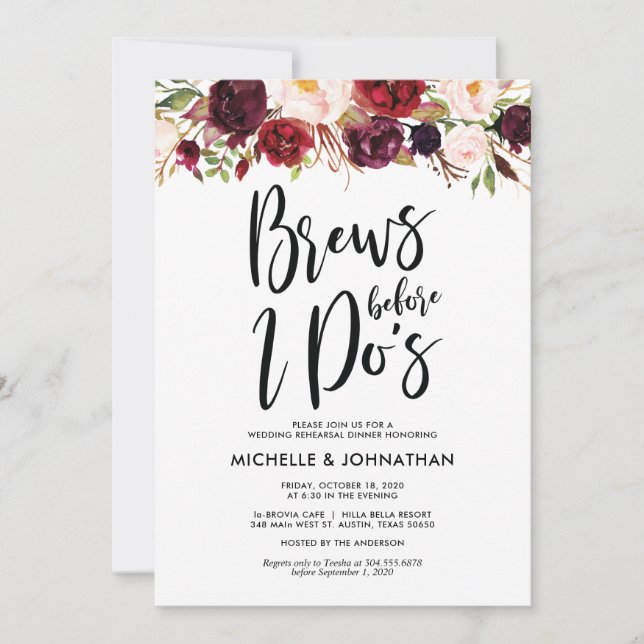 Invitación Cena de ensayo de Bodas florales de Borgoña invita (Anverso)