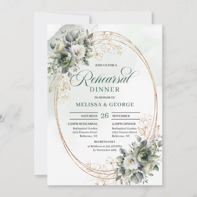 Invitación Cena de ensayo de Boho Dusty Green Eucalyptus  (Anverso)