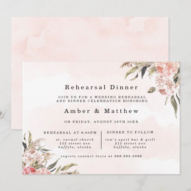 Invitación Cena de ensayo de Boho Pink Peony Pampas (Anverso / Reverso)