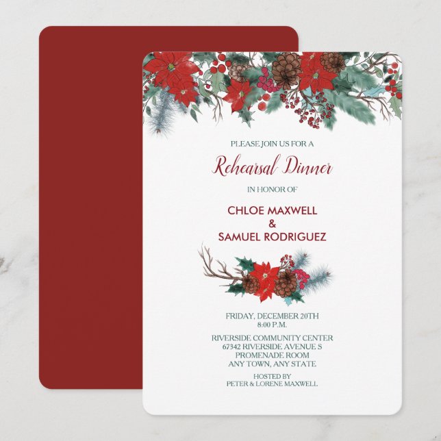 Invitación Cena de ensayo de Bouquet fronterizo de Poinsettia (Anverso / Reverso)