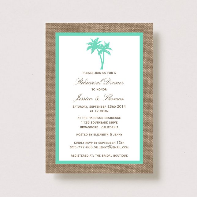 Invitación Cena de ensayo de Burlap Beach con palmeras tropic (Subido por el creador)