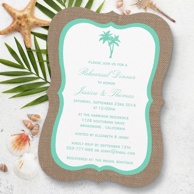 Invitación Cena de ensayo de Burlap Beach con palmeras tropic (Subido por el creador)