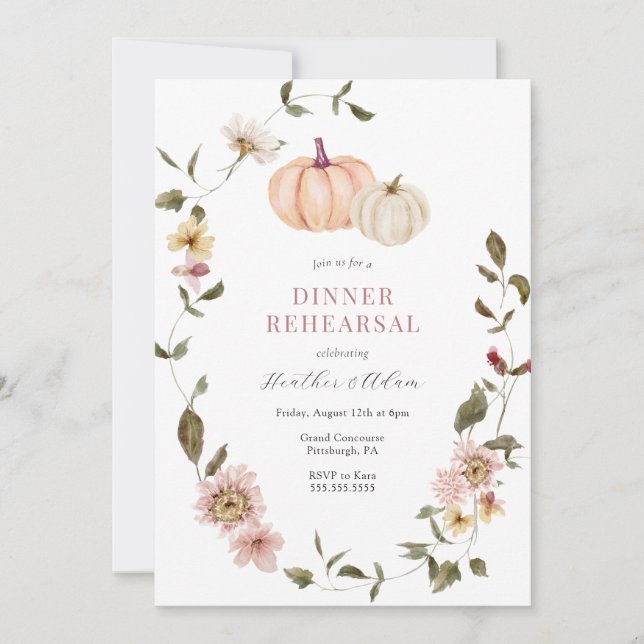 Invitación Cena de ensayo de calabaza floral de otoño (Anverso)
