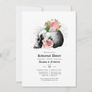 Invitación Cena de ensayo de calaveras góticas florales rosad
