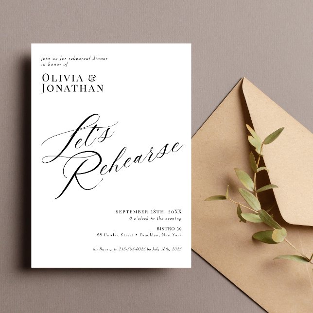Invitación Cena de Ensayo de Caligrafía Chic Elegante (Elegant chic calligraphy rehearsal dinner invitation sets a warm tone for your pre-wedding evening.)