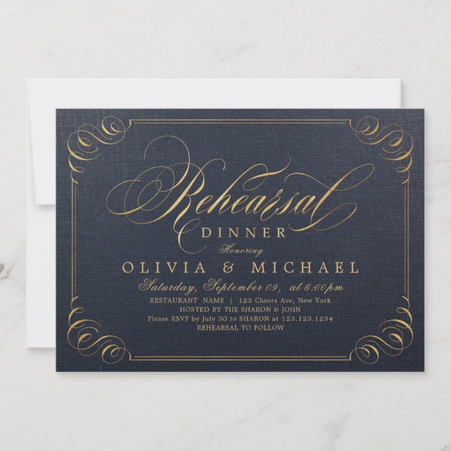 Invitación Cena de ensayo de caligrafía elegante de oro de la (Anverso)