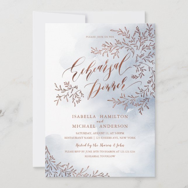 Invitación Cena de ensayo de caligrafía floral rústica gris (Anverso)