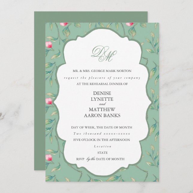 Invitación Cena de ensayo de Cameo Green y Basil Green (Anverso / Reverso)