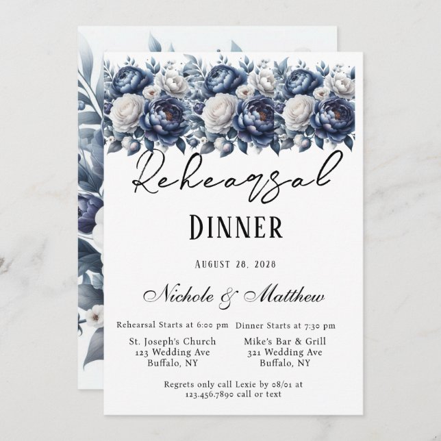 Invitación Cena de ensayo de cascos azules y rosas blancas de (Anverso / Reverso)