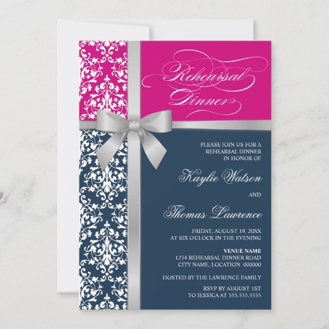 Invitación Cena de ensayo de cinta plateada Damask Faux (Anverso)