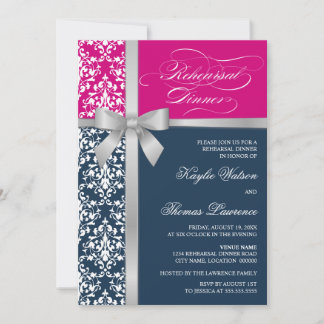 Invitación Cena de ensayo de cinta plateada Damask Faux