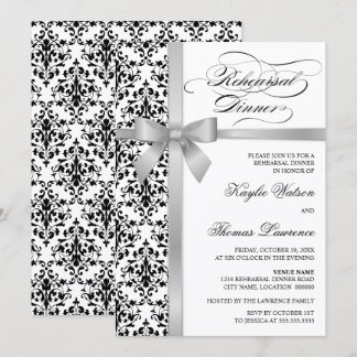 Invitación Cena de ensayo de cinta plateada Damask Faux