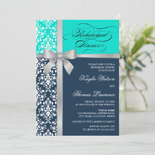 Invitación Cena de ensayo de cinta plateada Damask Faux