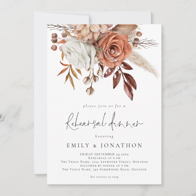 Invitación Cena de Ensayo de Código QR de Florales Rústicos d (Anverso)
