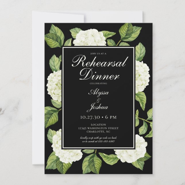 Invitación Cena de ensayo de código QR de Hydrangeas blancas (Anverso)