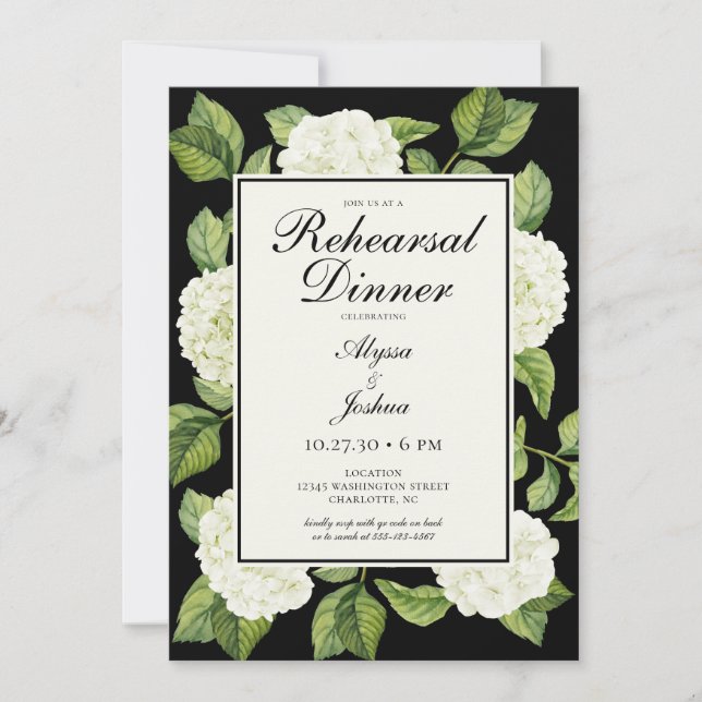 Invitación Cena de ensayo de código QR de Hydrangeas blancas (Anverso)