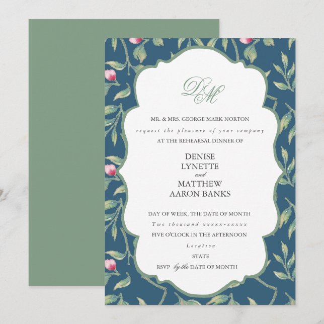 Invitación Cena de ensayo de color azul teñido de medianoche  (Anverso / Reverso)