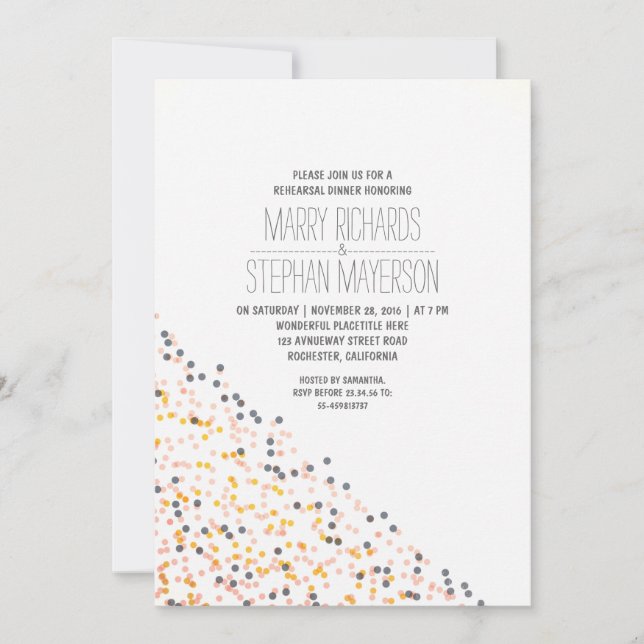 Invitación cena de ensayo de confeti dorado rosa y marina (Anverso)