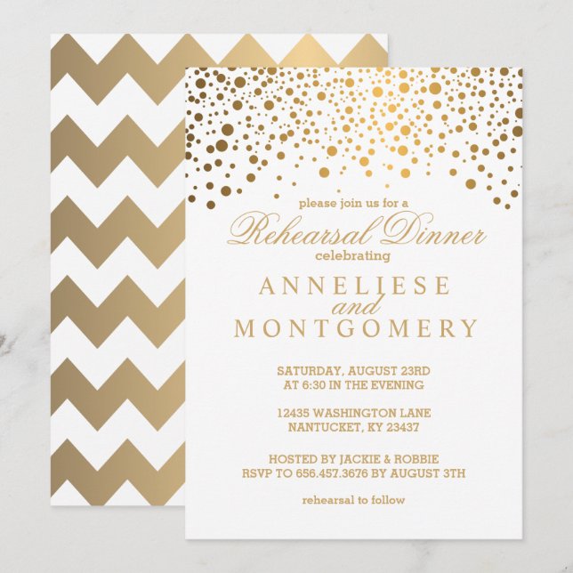 Invitación Cena de ensayo de confetti blanco y oro (Anverso / Reverso)