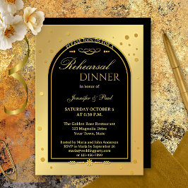 Invitación Cena de ensayo de confetti de Moda negra de oro
