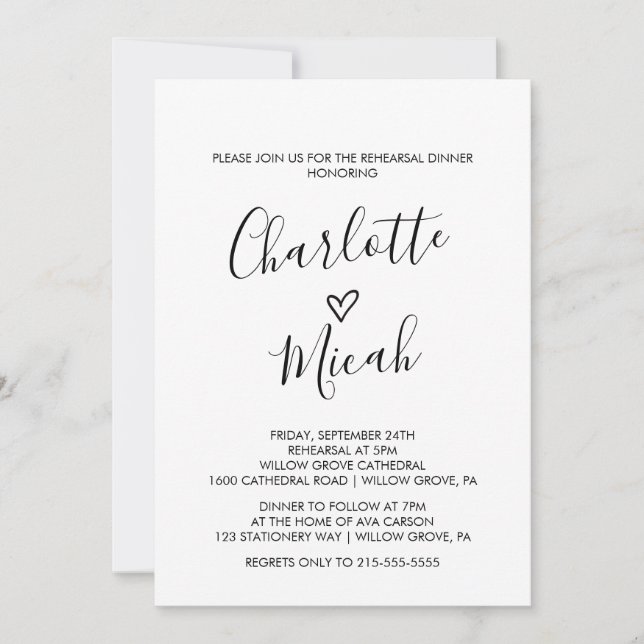 Invitación Cena de ensayo de corazón dibujado a mano (Anverso)