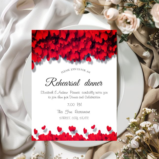 Invitación Cena de ensayo de corazones rojos elegantes  (Subido por el creador)