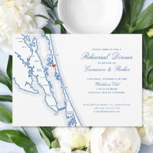 Invitación Cena de ensayo de Corolla NC OBX Map Navy Blue