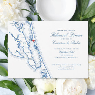 Invitación Cena de ensayo de Corolla NC OBX Map Navy Blue