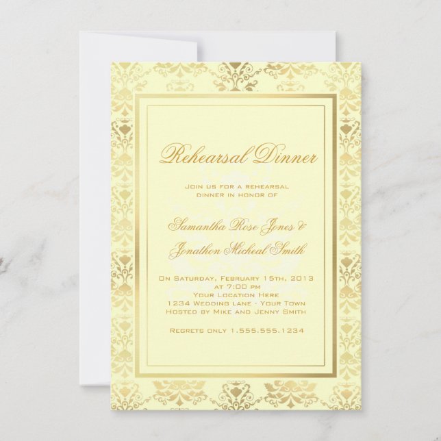 Invitación Cena de ensayo de damasco de marfil y oro (Anverso)