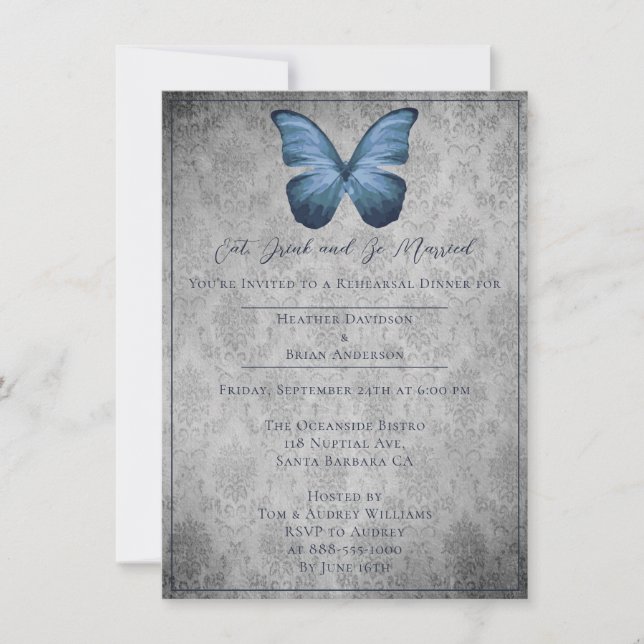 Invitación Cena de ensayo de Damasco de mariposa azul de époc (Anverso)