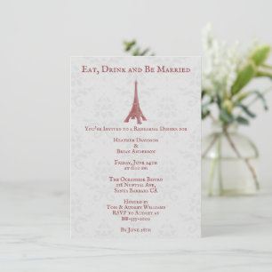 Invitación Cena de ensayo de Damask de la Torre Eiffel Roja
