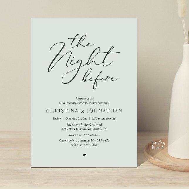 Invitación “Cena de ensayo de Dusty Rose “The Night Before” (“The Night Before” Elegant Script Romantic Rehearsal Dinner Invitation Card Sage Garden)