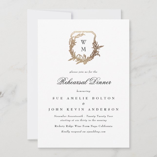 Invitación cena de ensayo de escudo de oro clásico blanco (Anverso)