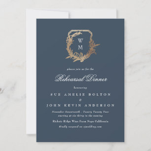Invitación cena de ensayo de escudo de oro clásico en monogra
