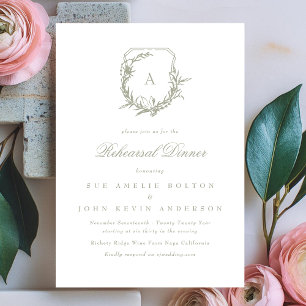 Invitación cena de ensayo de escudo en monograma verde sabio