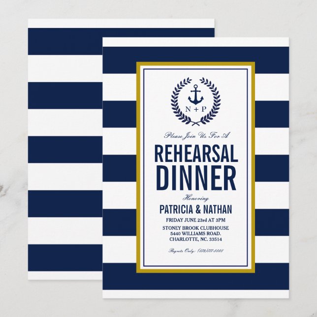 Invitación Cena de ensayo de estilo nautico (Anverso / Reverso)