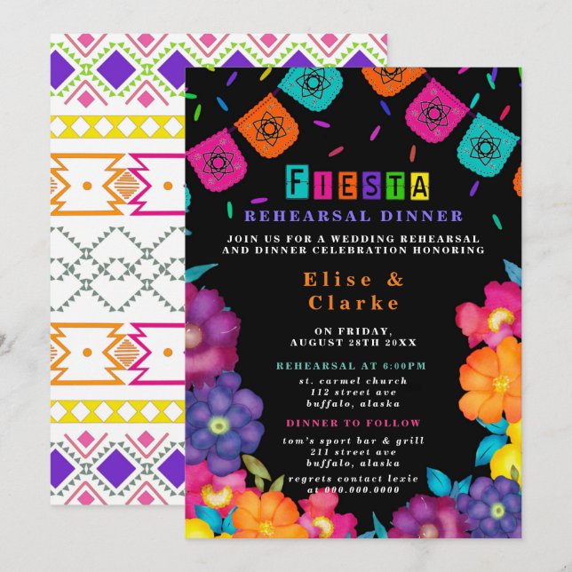Invitación Cena de ensayo de Fiesta Vivid Florals mexicana (Anverso / Reverso)