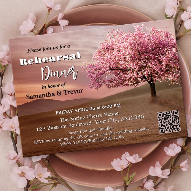 Invitación Cena de Ensayo de Flor de Cerezo de Chocolate (Rehearsal Dinner invitation with a painting of a chocolate landscape with a blossoming cherry tree)