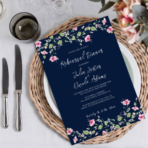 Invitación Cena de ensayo de flor de hibisco rosa azul marino