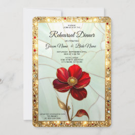 Invitación Cena de Ensayo de Flor Roja de Vidrio Emplomado