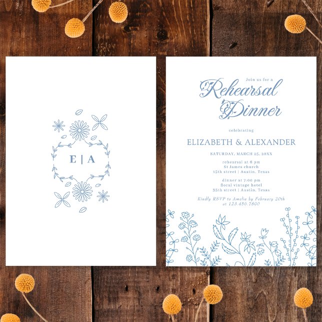 Invitación Cena de Ensayo de Flor Silvestre de Vinca Monogram (Subido por el creador)